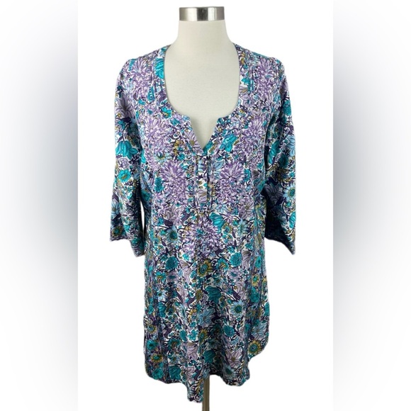 Soft Surroundings M Purple Turquoise Floral Embroidered V Neck Popover Tunic - Picture 6 of 6